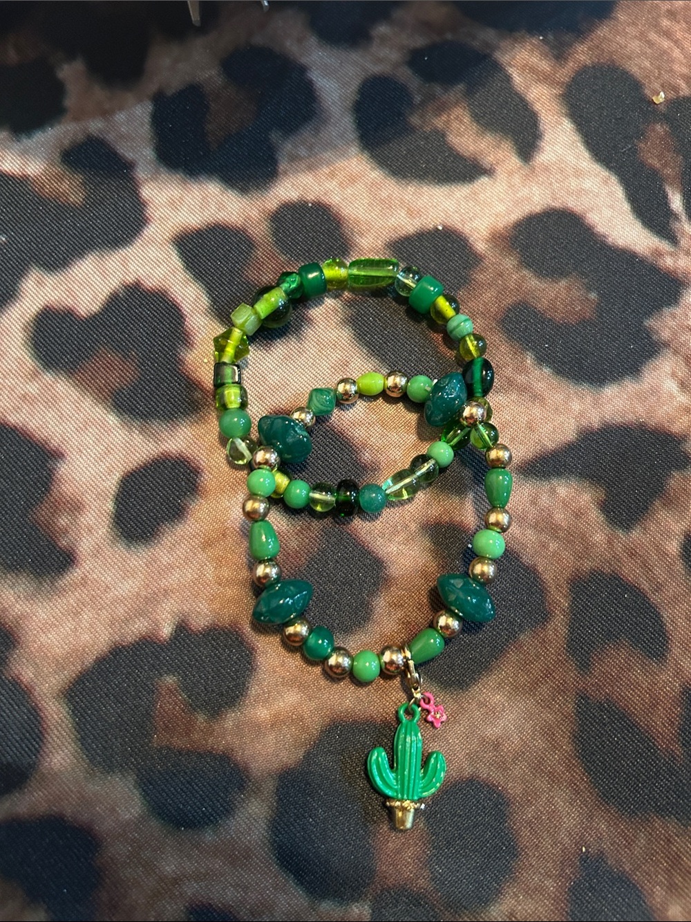 Hand Crafted Green Beaded Bracelet Set with Cactus Charm